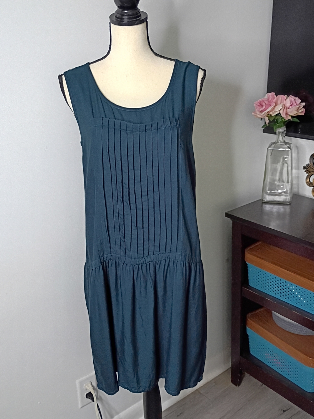 East India Company Sleeveless Teal Pleated Front Drop-Waist Dress
